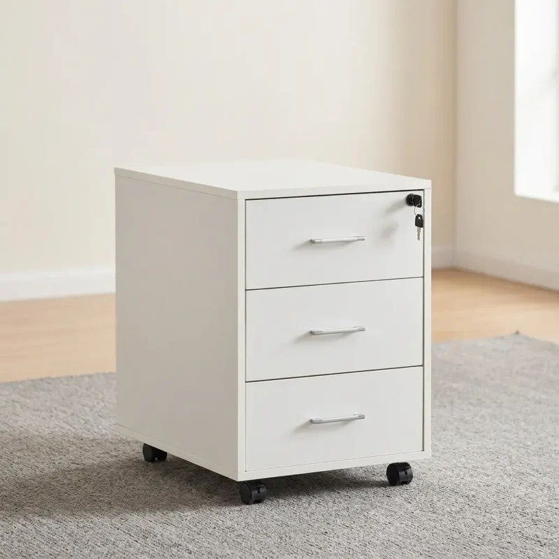 3-drawer mobile pedestal featuring a clean white finish, three stacked storage drawers with slim silver metal pull handles, a central key locking mechanism on the top drawer, and four smooth-rolling black caster wheels for easy mobility.