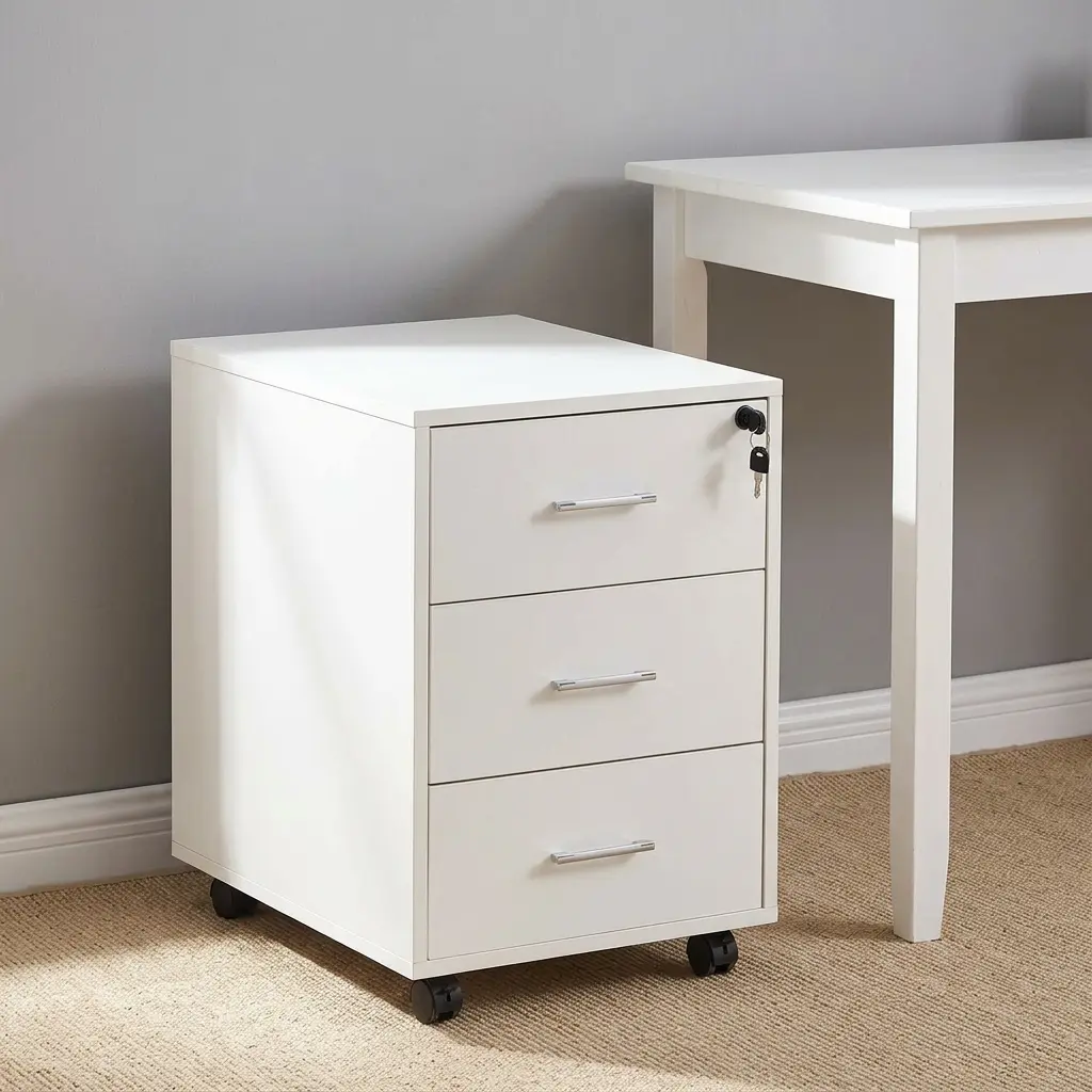 3-drawer mobile pedestal featuring a clean white finish, three stacked storage drawers with slim silver metal pull handles, a central key locking mechanism on the top drawer, and four smooth-rolling black caster wheels for easy mobility.