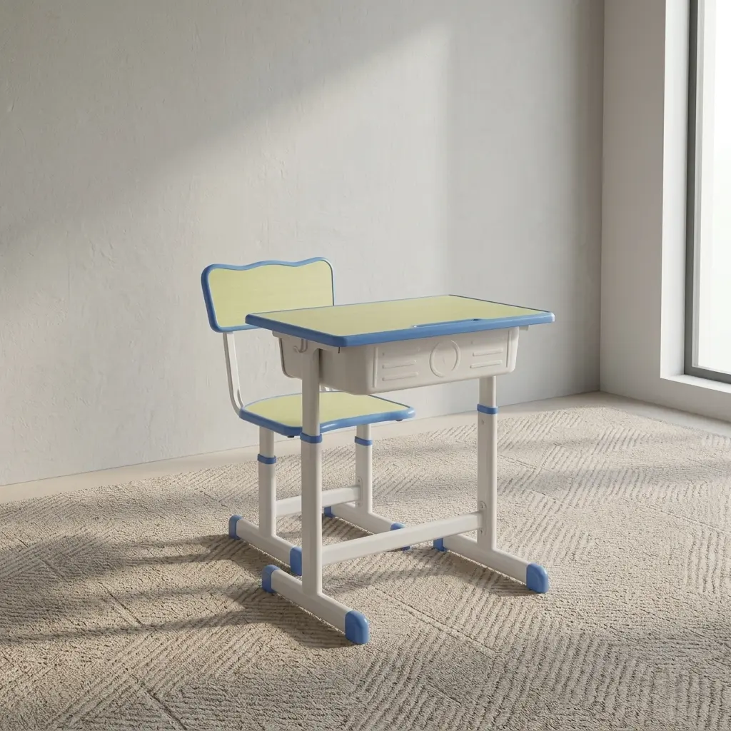 Adjustable kids desk & chair featuring a pastel blue and light yellow ergonomic set, height-adjustable white metal frames, an integrated under-desk storage drawer, a side bag hook, and rounded safety edges on both the table and seat.