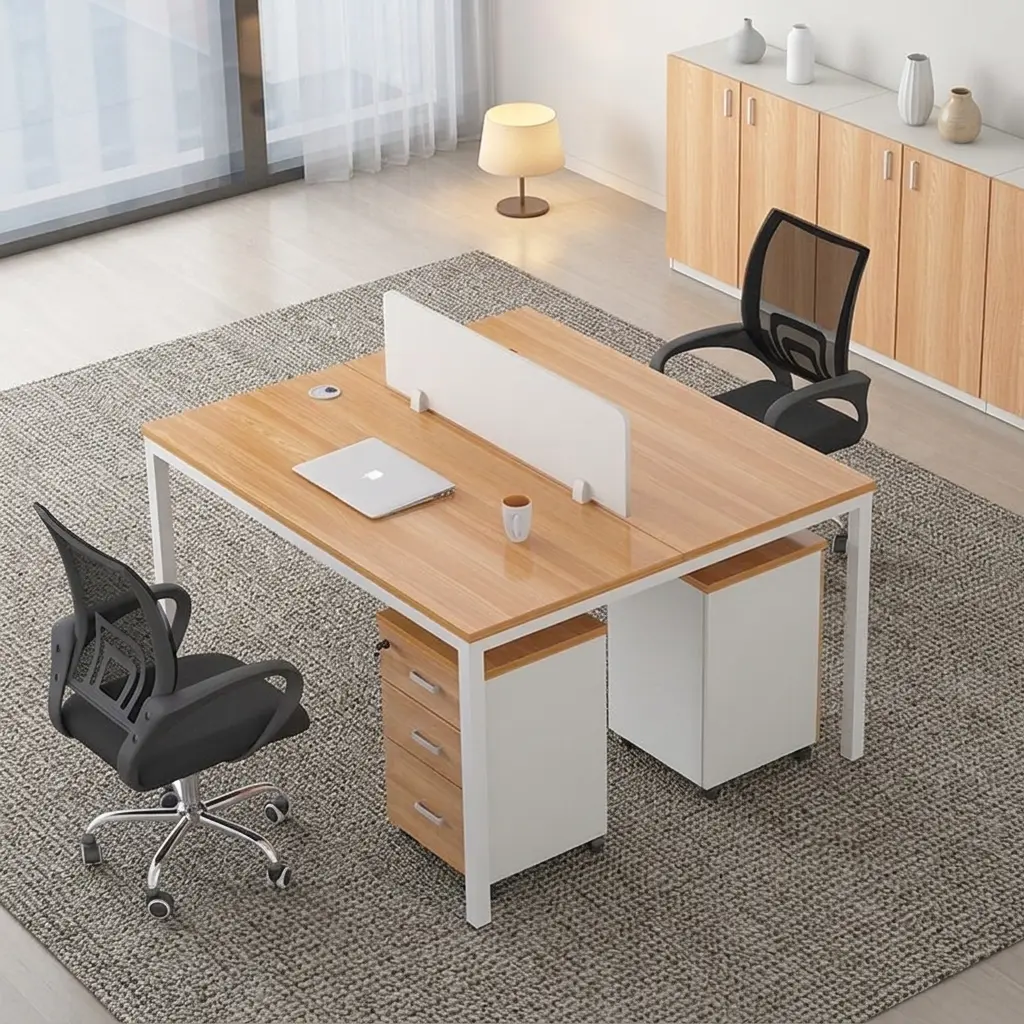 Two-seater modular workstation featuring a face-to-face dual desk configuration in a light oak wood and white finish, a central white privacy divider screen, integrated desktop cable grommets, white metal leg frames, and two matching mobile drawer pedestals for individual storage.