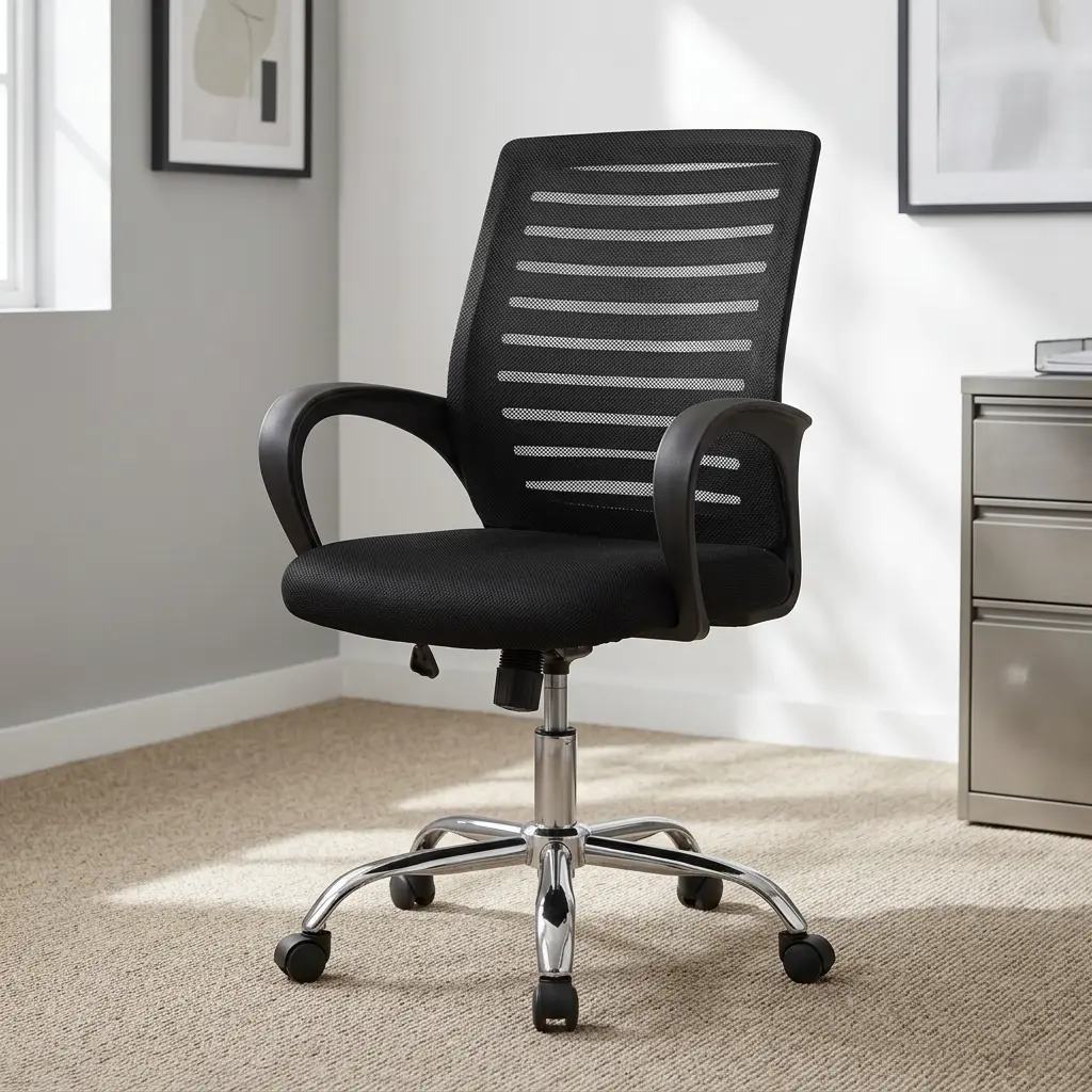 Ergonomic strong mesh office chair featuring a breathable black mesh backrest with horizontal ventilation stripes, a thickly padded black fabric seat cushion, curved fixed loop armrests, a pneumatic height adjustment lever, tilt tension control, and a sturdy polished chrome five-star base on smooth-rolling casters.