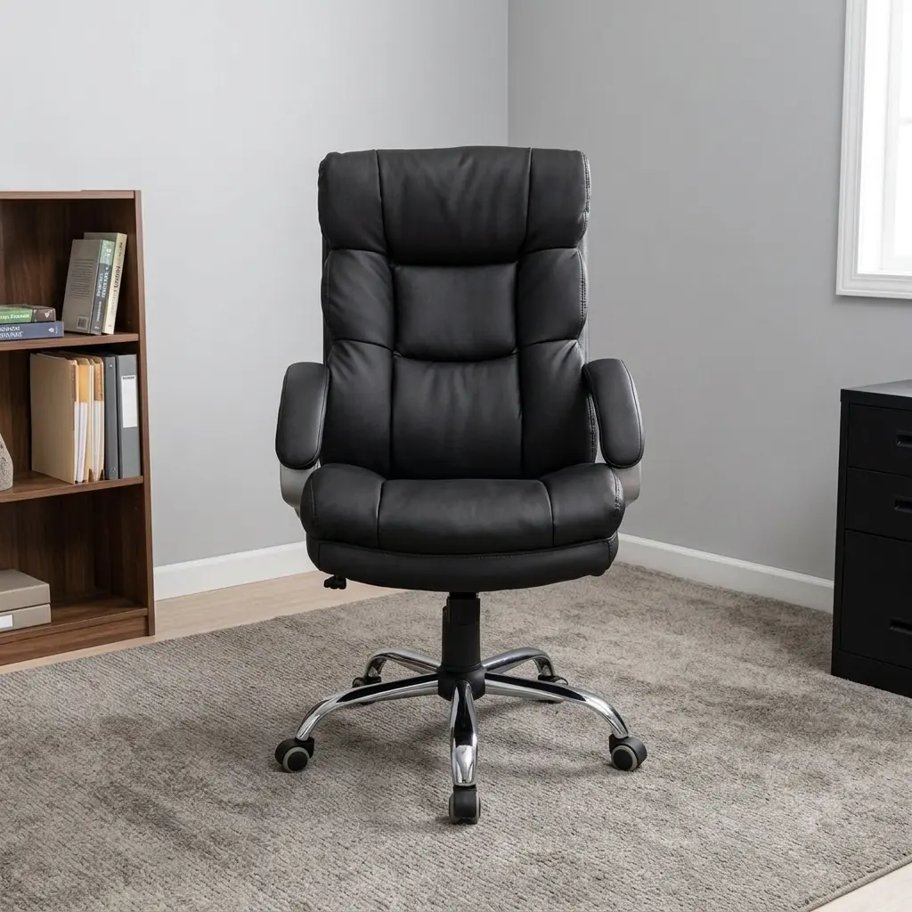 Leather executive high back chair featuring plush segmented block tufting, a ergonomic high backrest with integrated headrest support, thick leather-upholstered seat cushion, padded armrests, a pneumatic height adjustment mechanism, and a polished chrome five-star base on smooth-rolling casters.