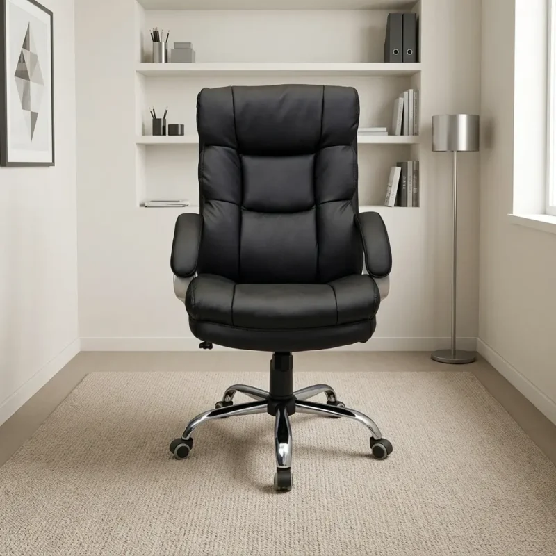 Leather executive high back chair featuring plush segmented block tufting, a ergonomic high backrest with integrated headrest support, thick leather-upholstered seat cushion, padded armrests, a pneumatic height adjustment mechanism, and a polished chrome five-star base on smooth-rolling casters.