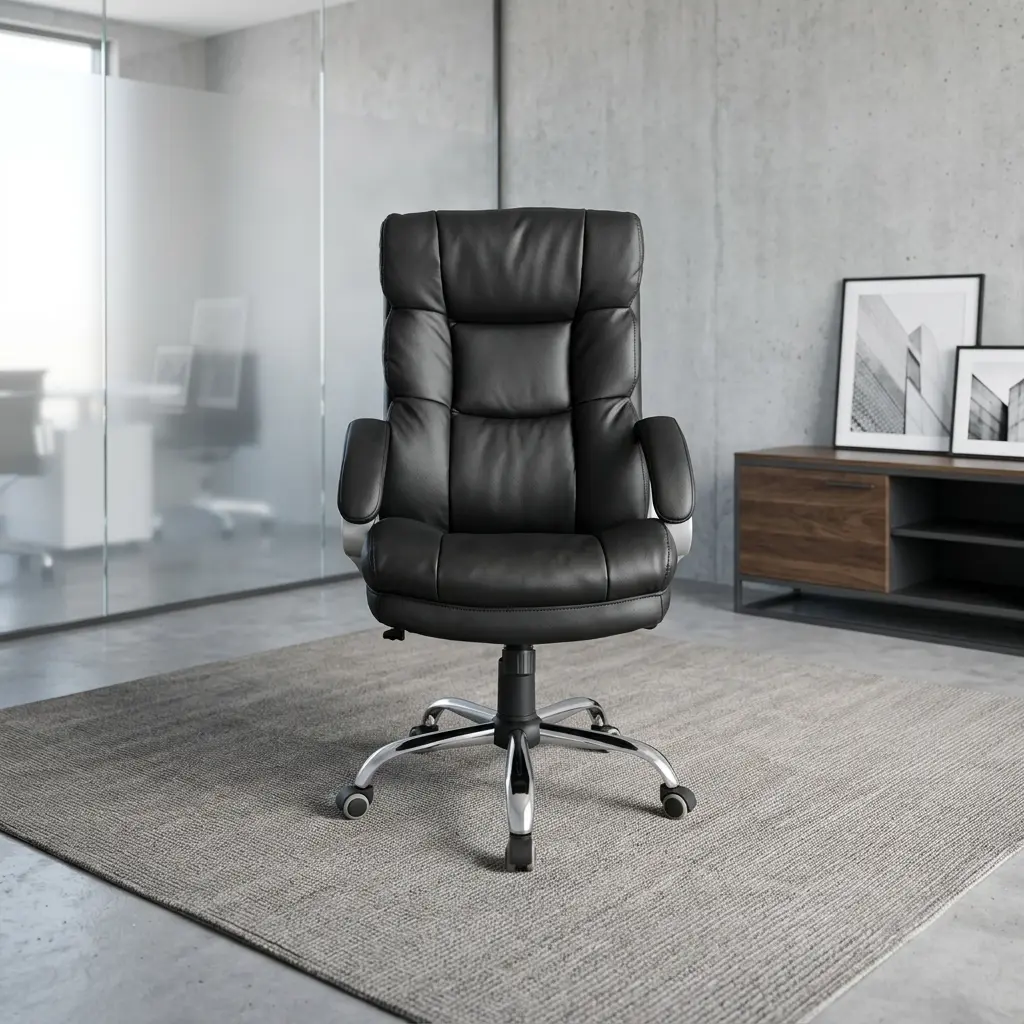 Leather executive high back chair featuring plush segmented block tufting, a ergonomic high backrest with integrated headrest support, thick leather-upholstered seat cushion, padded armrests, a pneumatic height adjustment mechanism, and a polished chrome five-star base on smooth-rolling casters.