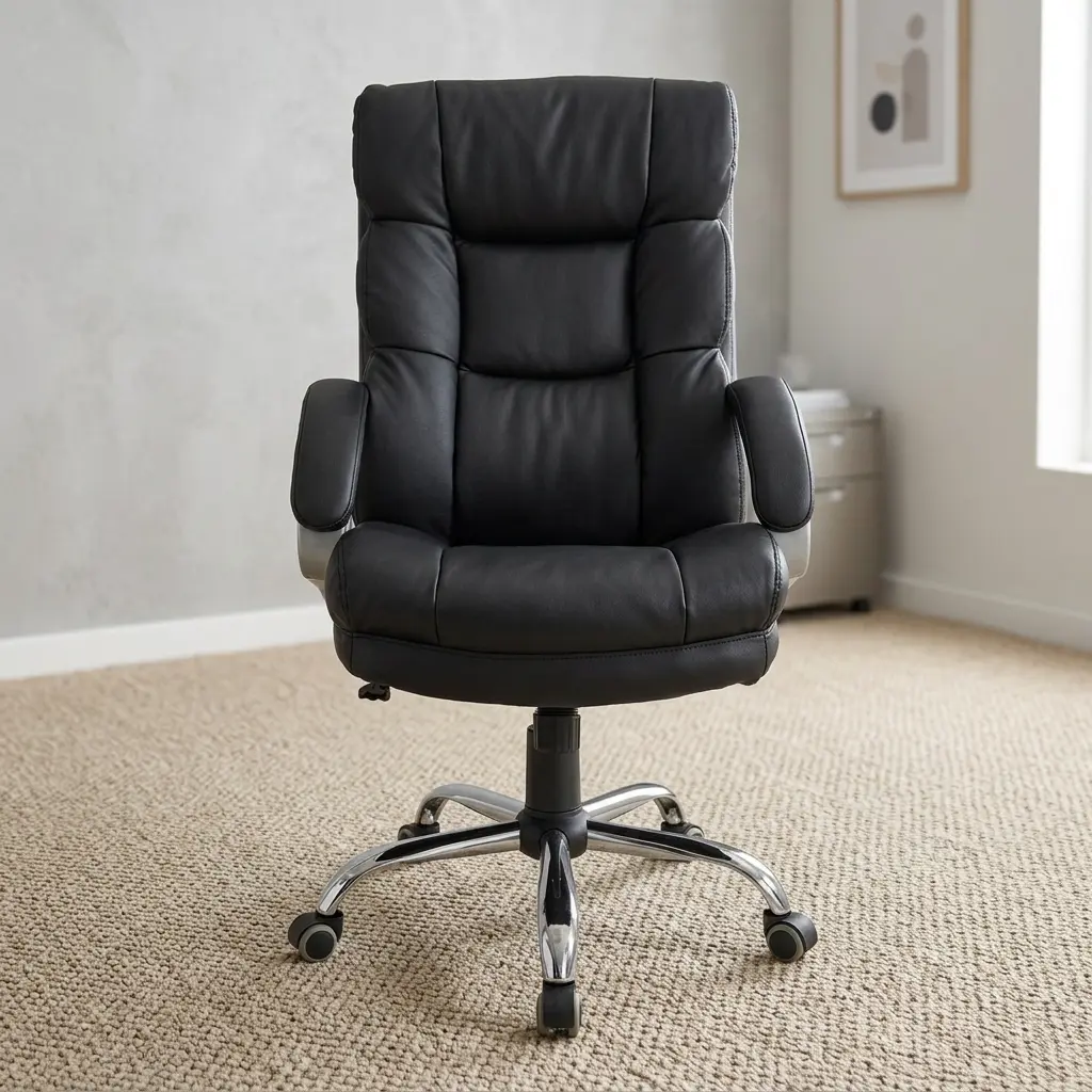 Leather executive high back chair featuring plush segmented block tufting, a ergonomic high backrest with integrated headrest support, thick leather-upholstered seat cushion, padded armrests, a pneumatic height adjustment mechanism, and a polished chrome five-star base on smooth-rolling casters.
