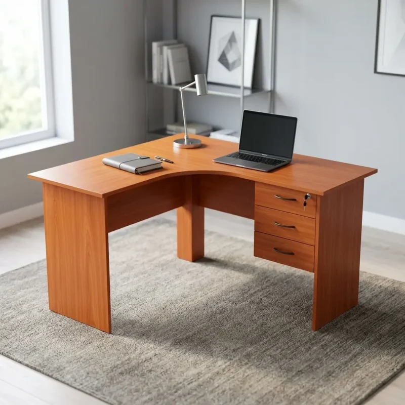 1.2m L-shaped office desk featuring a warm cherry wood finish, an ergonomic L-shaped corner desktop with a cable grommet, full-length matching wood panel legs with a modesty panel, and an integrated right-side pedestal with three lockable drawers fitted with black curved handles.