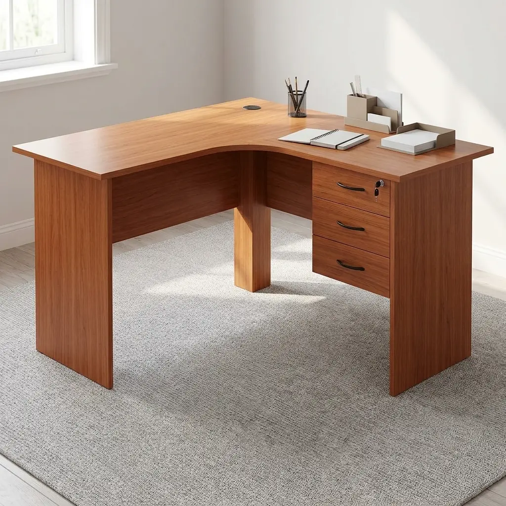 1.2m L-shaped office desk featuring a warm cherry wood finish, an ergonomic L-shaped corner desktop with a cable grommet, full-length matching wood panel legs with a modesty panel, and an integrated right-side pedestal with three lockable drawers fitted with black curved handles.