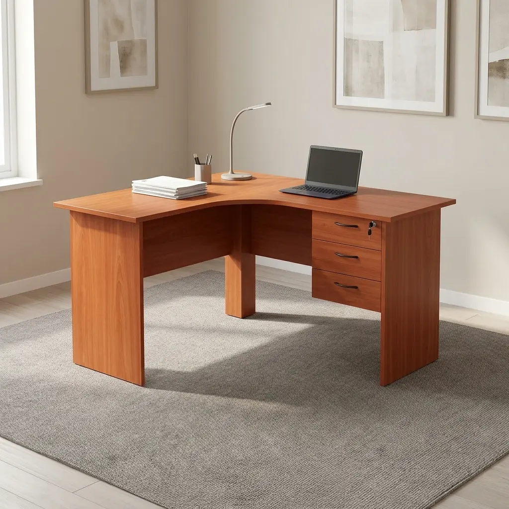 1.2m L-shaped office desk featuring a warm cherry wood finish, an ergonomic L-shaped corner desktop with a cable grommet, full-length matching wood panel legs with a modesty panel, and an integrated right-side pedestal with three lockable drawers fitted with black curved handles.