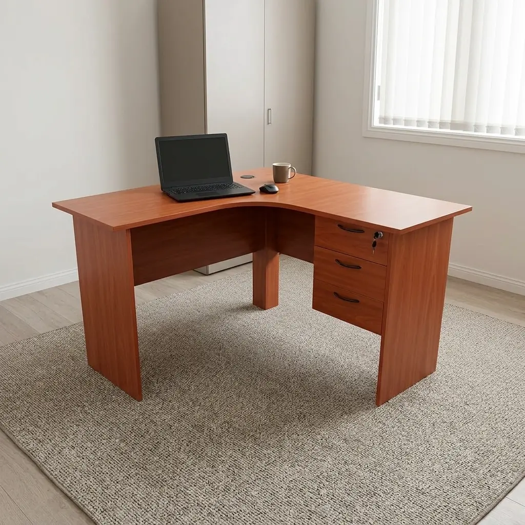 1.2m L-shaped office desk featuring a warm cherry wood finish, an ergonomic L-shaped corner desktop with a cable grommet, full-length matching wood panel legs with a modesty panel, and an integrated right-side pedestal with three lockable drawers fitted with black curved handles.