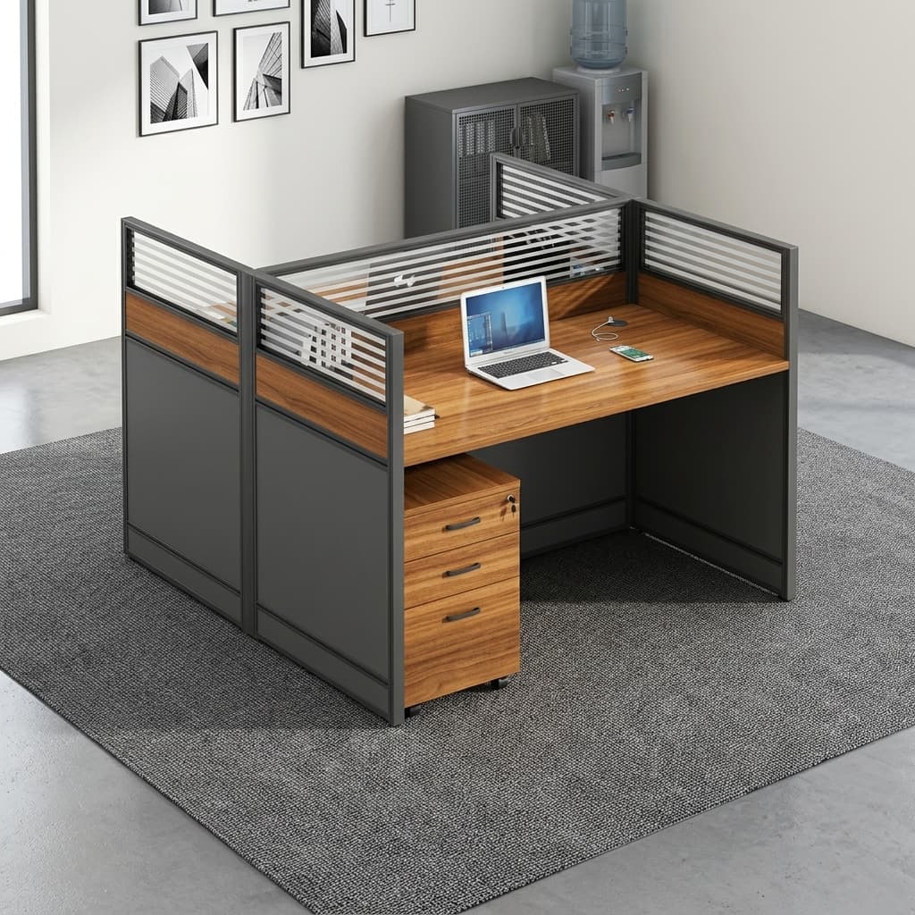 Modular 2-seater office workstation featuring face-to-face warm wood grain desktops, integrated privacy partition panels with frosted horizontally striped glass tops, dark grey metal frame enclosures, and a matching mobile 3-drawer locking pedestal.