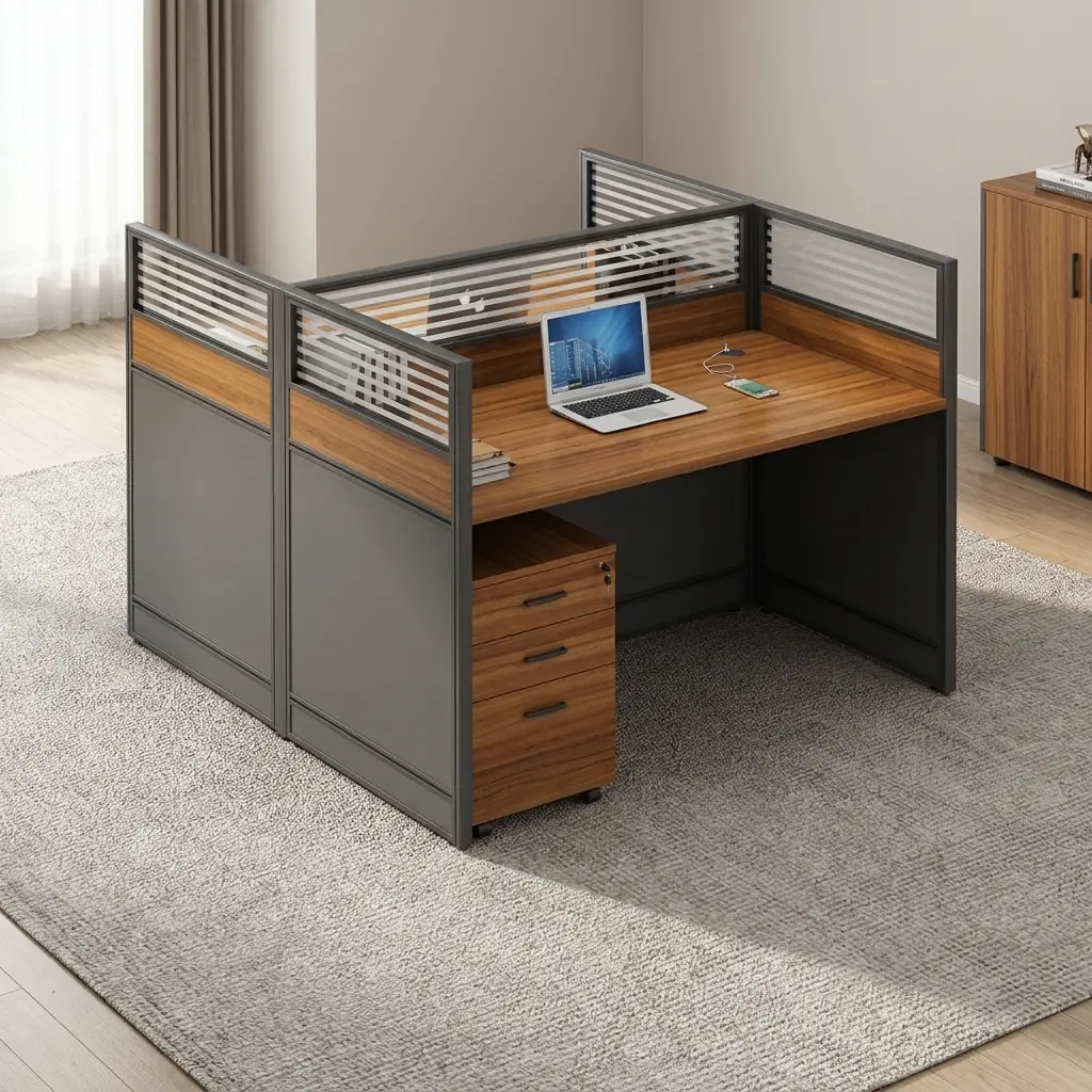 Modular 2-seater office workstation featuring face-to-face warm wood grain desktops, integrated privacy partition panels with frosted horizontally striped glass tops, dark grey metal frame enclosures, and a matching mobile 3-drawer locking pedestal.