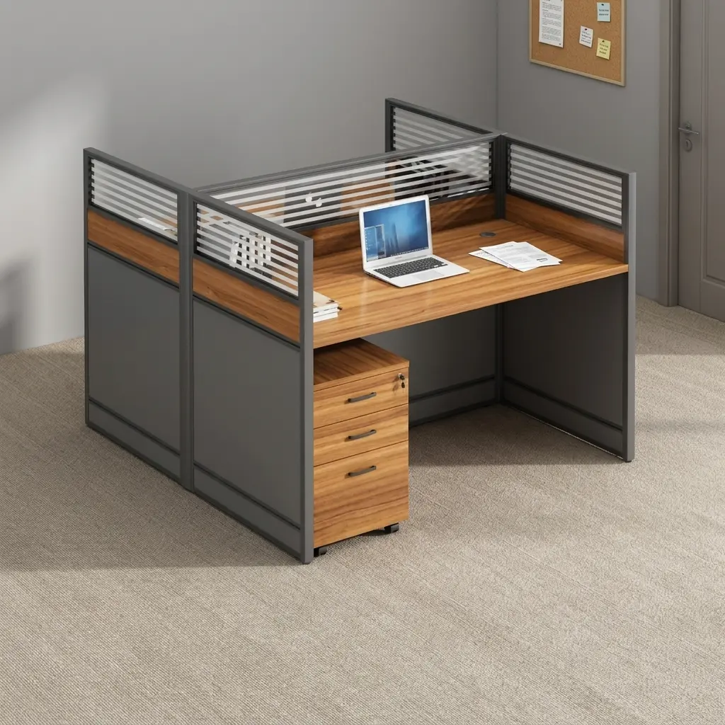 Modular 2-seater office workstation featuring face-to-face warm wood grain desktops, integrated privacy partition panels with frosted horizontally striped glass tops, dark grey metal frame enclosures, and a matching mobile 3-drawer locking pedestal.