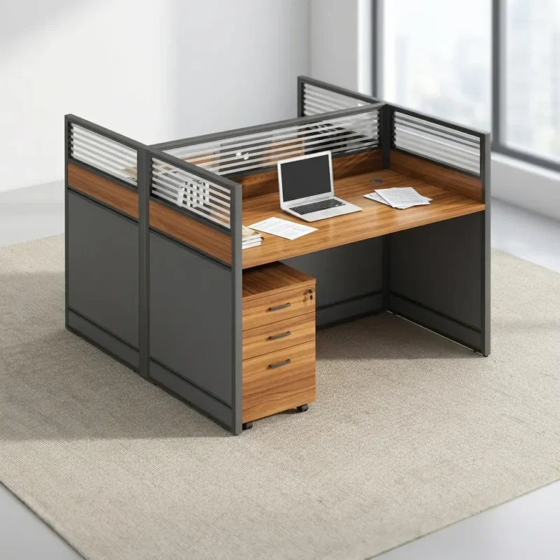 Modular 2-seater office workstation featuring face-to-face warm wood grain desktops, integrated privacy partition panels with frosted horizontally striped glass tops, dark grey metal frame enclosures, and a matching mobile 3-drawer locking pedestal.