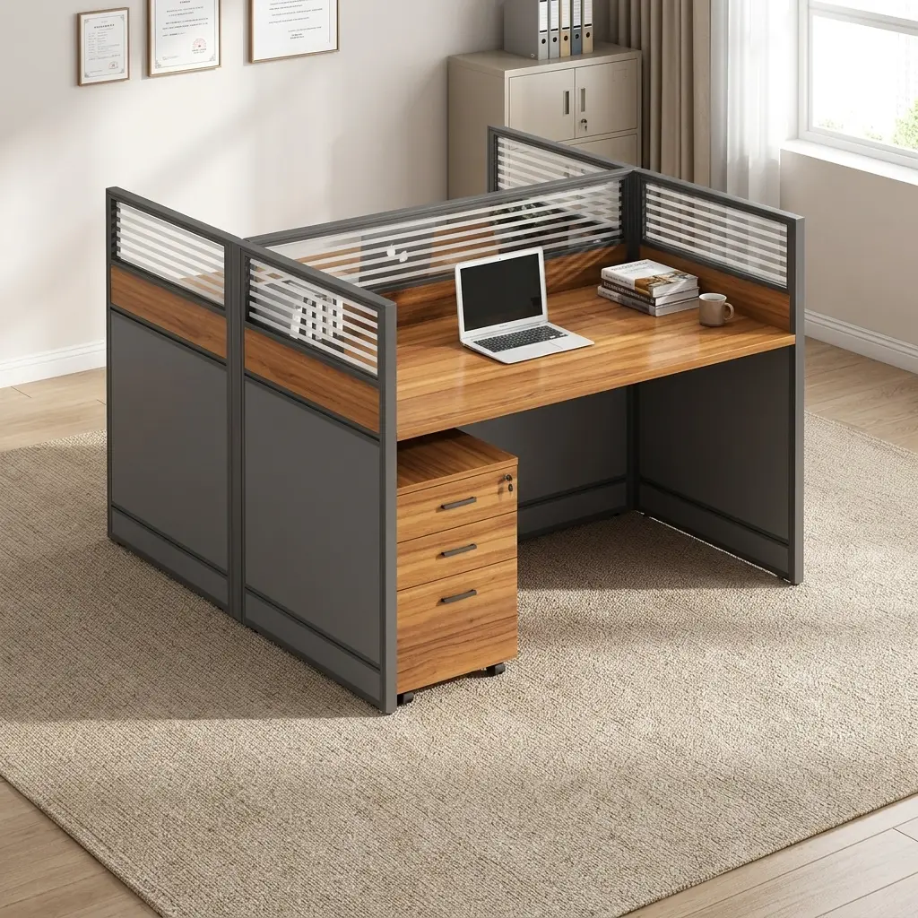 Modular 2-seater office workstation featuring face-to-face warm wood grain desktops, integrated privacy partition panels with frosted horizontally striped glass tops, dark grey metal frame enclosures, and a matching mobile 3-drawer locking pedestal.