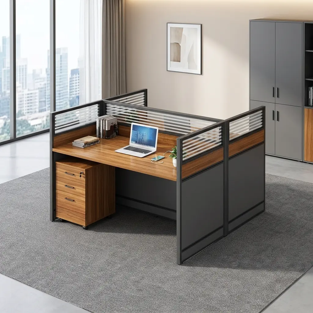 Modular 2-seater office workstation featuring face-to-face warm wood grain desktops, integrated privacy partition panels with frosted horizontally striped glass tops, dark grey metal frame enclosures, and a matching mobile 3-drawer locking pedestal.