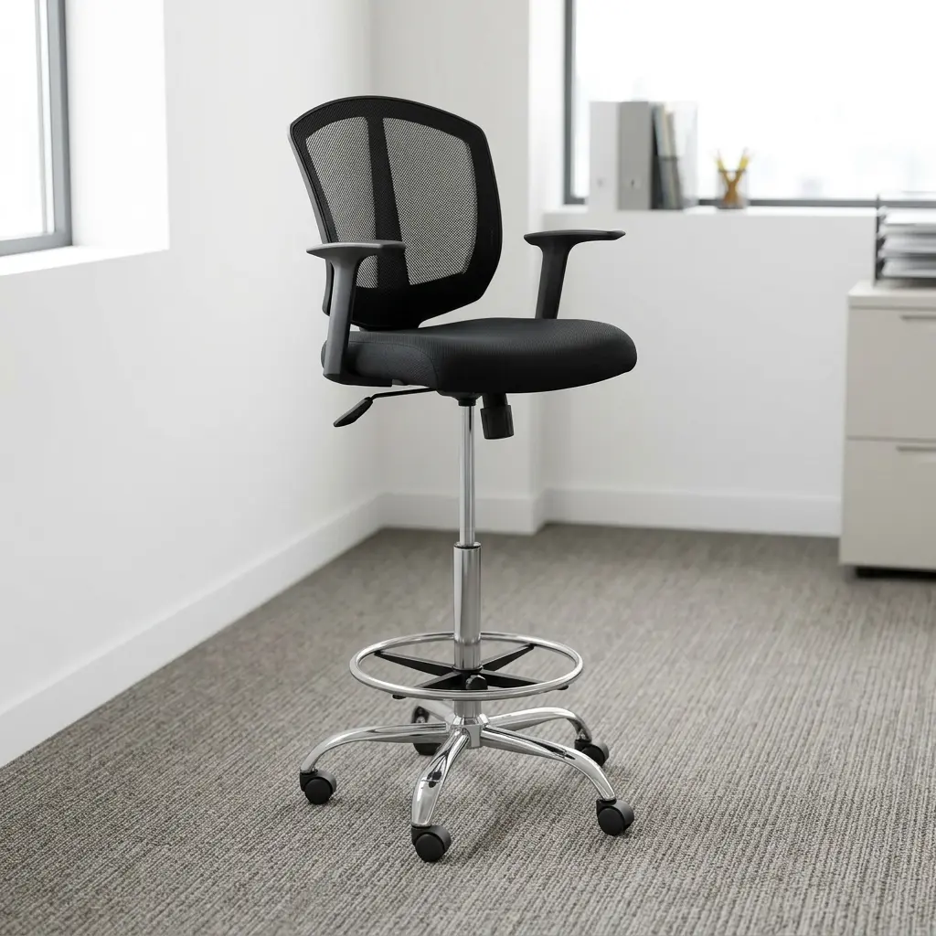 Adjustable counter cashier chair featuring a breathable black mesh backrest with central spine support, a padded black fabric seat, black T-armrests, an extended height pneumatic cylinder with a tilt/height lever, a circular chrome foot ring, and a chrome five-star swivel base on dual-wheel casters.