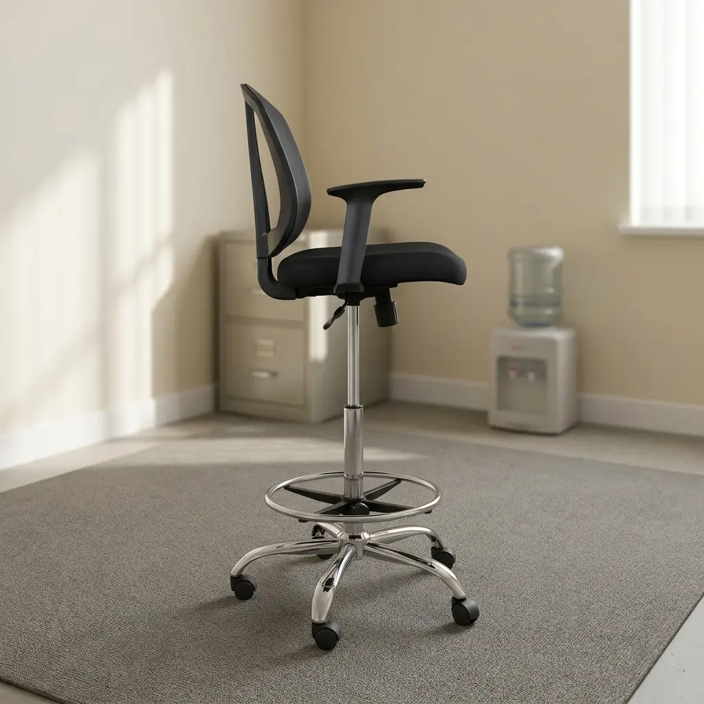 Adjustable counter cashier chair featuring a breathable black mesh backrest with central spine support, a padded black fabric seat, black T-armrests, an extended height pneumatic cylinder with a tilt/height lever, a circular chrome foot ring, and a chrome five-star swivel base on dual-wheel casters.