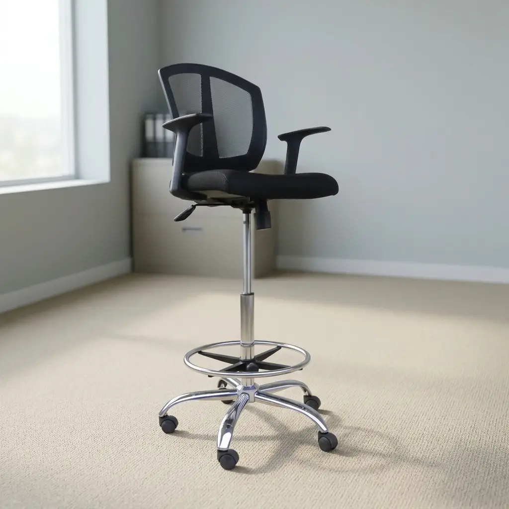 Adjustable counter cashier chair featuring a breathable black mesh backrest with central spine support, a padded black fabric seat, black T-armrests, an extended height pneumatic cylinder with a tilt/height lever, a circular chrome foot ring, and a chrome five-star swivel base on dual-wheel casters.