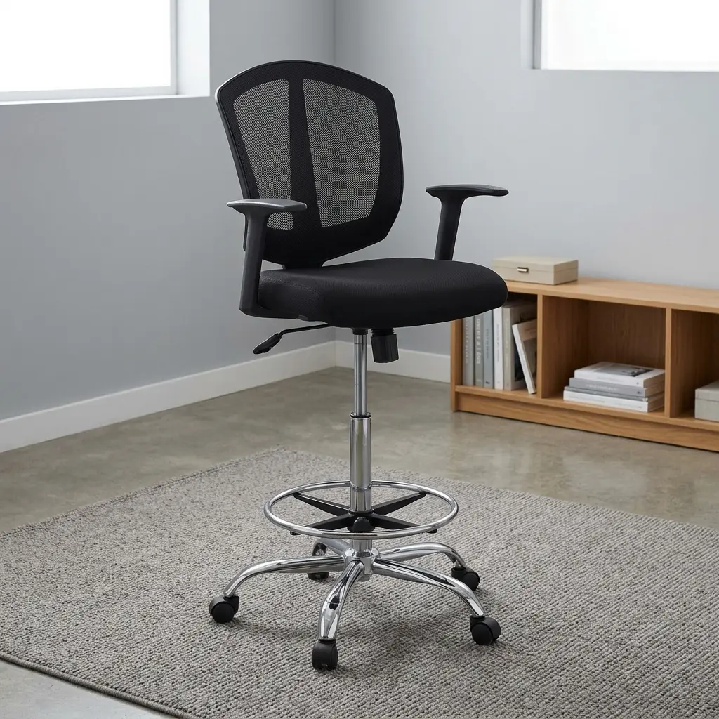 Adjustable counter cashier chair featuring a breathable black mesh backrest with central spine support, a padded black fabric seat, black T-armrests, an extended height pneumatic cylinder with a tilt/height lever, a circular chrome foot ring, and a chrome five-star swivel base on dual-wheel casters.