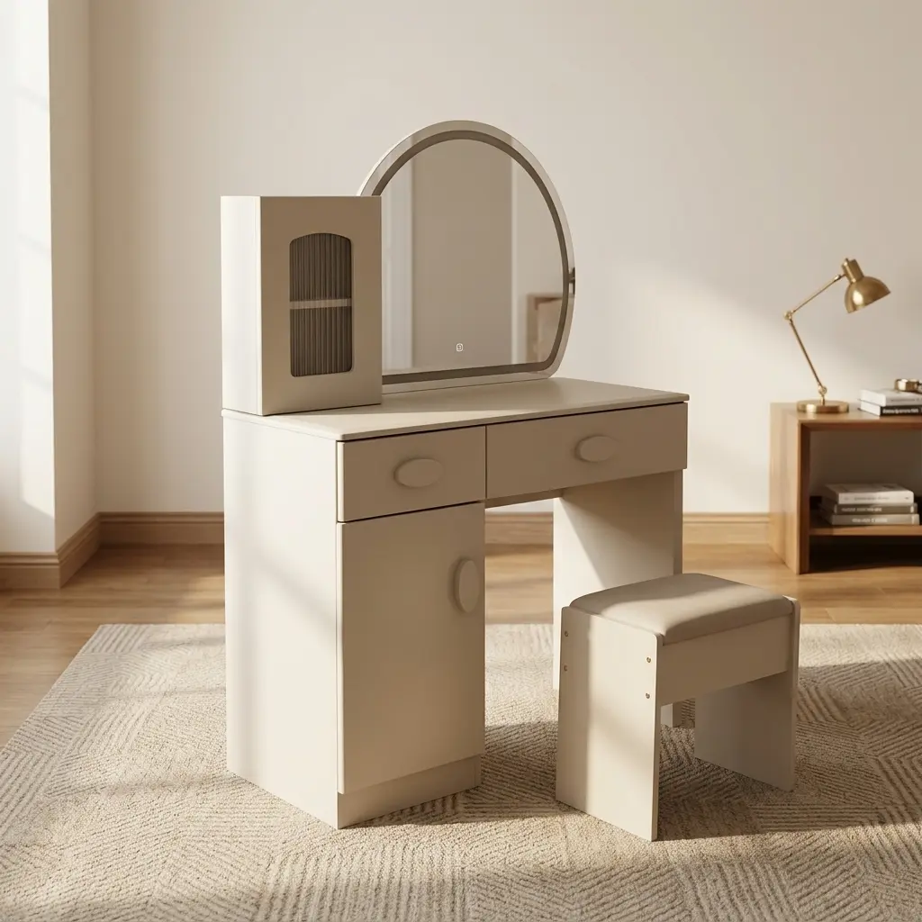Modern dressing table with LED light featuring an off-white/cream finish, an arch-shaped mirror with an integrated LED light border, an attached desktop storage cabinet with a ribbed glass door, two drawers, a side storage cabinet, smooth half-moon handles, and a matching cushioned vanity stool.