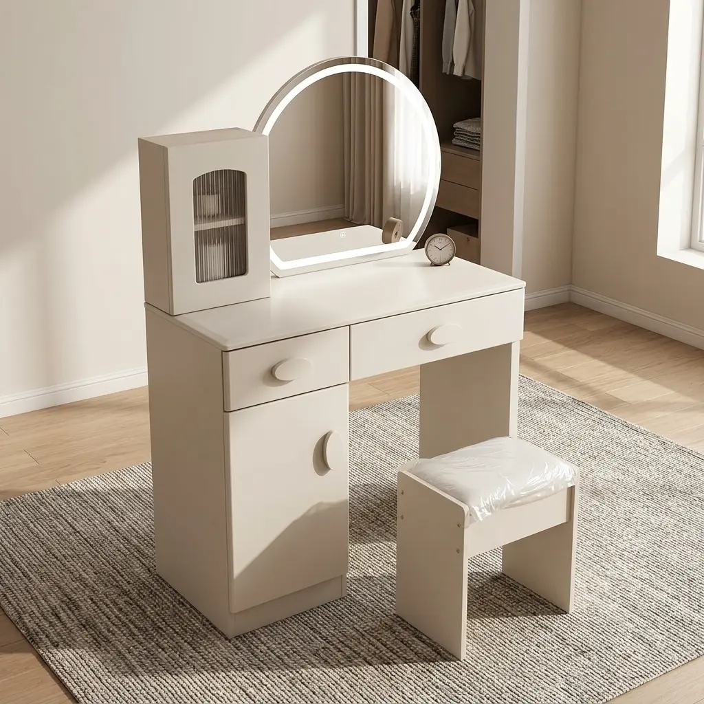 Modern dressing table with LED light featuring an off-white/cream finish, an arch-shaped mirror with an integrated LED light border, an attached desktop storage cabinet with a ribbed glass door, two drawers, a side storage cabinet, smooth half-moon handles, and a matching cushioned vanity stool.