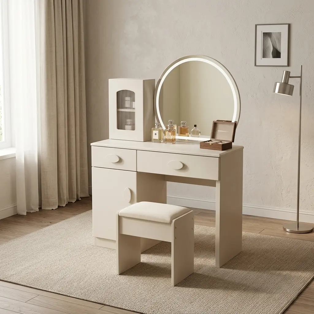 Modern dressing table with LED light featuring an off-white/cream finish, an arch-shaped mirror with an integrated LED light border, an attached desktop storage cabinet with a ribbed glass door, two drawers, a side storage cabinet, smooth half-moon handles, and a matching cushioned vanity stool.