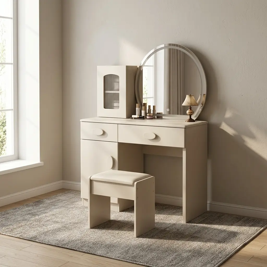 Modern dressing table with LED light featuring an off-white/cream finish, an arch-shaped mirror with an integrated LED light border, an attached desktop storage cabinet with a ribbed glass door, two drawers, a side storage cabinet, smooth half-moon handles, and a matching cushioned vanity stool.