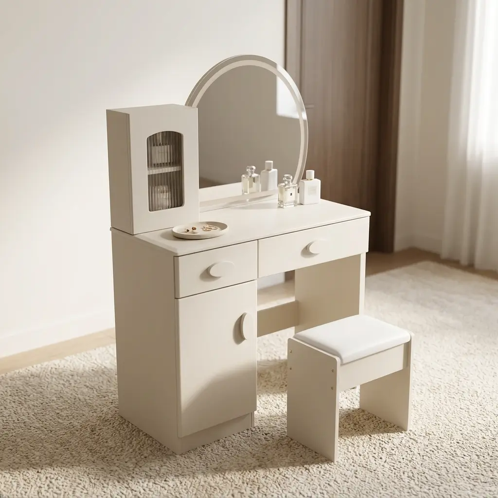 Modern dressing table with LED light featuring an off-white/cream finish, an arch-shaped mirror with an integrated LED light border, an attached desktop storage cabinet with a ribbed glass door, two drawers, a side storage cabinet, smooth half-moon handles, and a matching cushioned vanity stool.
