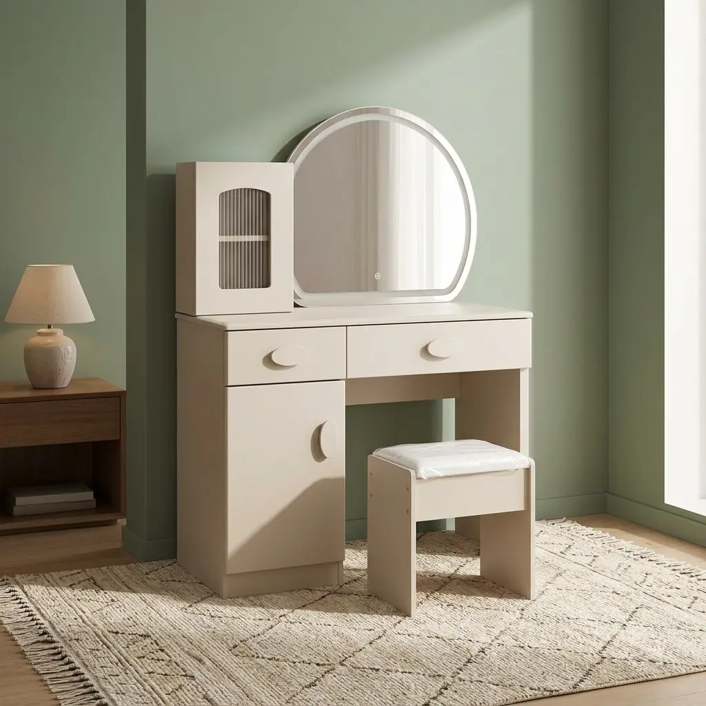 Modern dressing table with LED light featuring an off-white/cream finish, an arch-shaped mirror with an integrated LED light border, an attached desktop storage cabinet with a ribbed glass door, two drawers, a side storage cabinet, smooth half-moon handles, and a matching cushioned vanity stool.