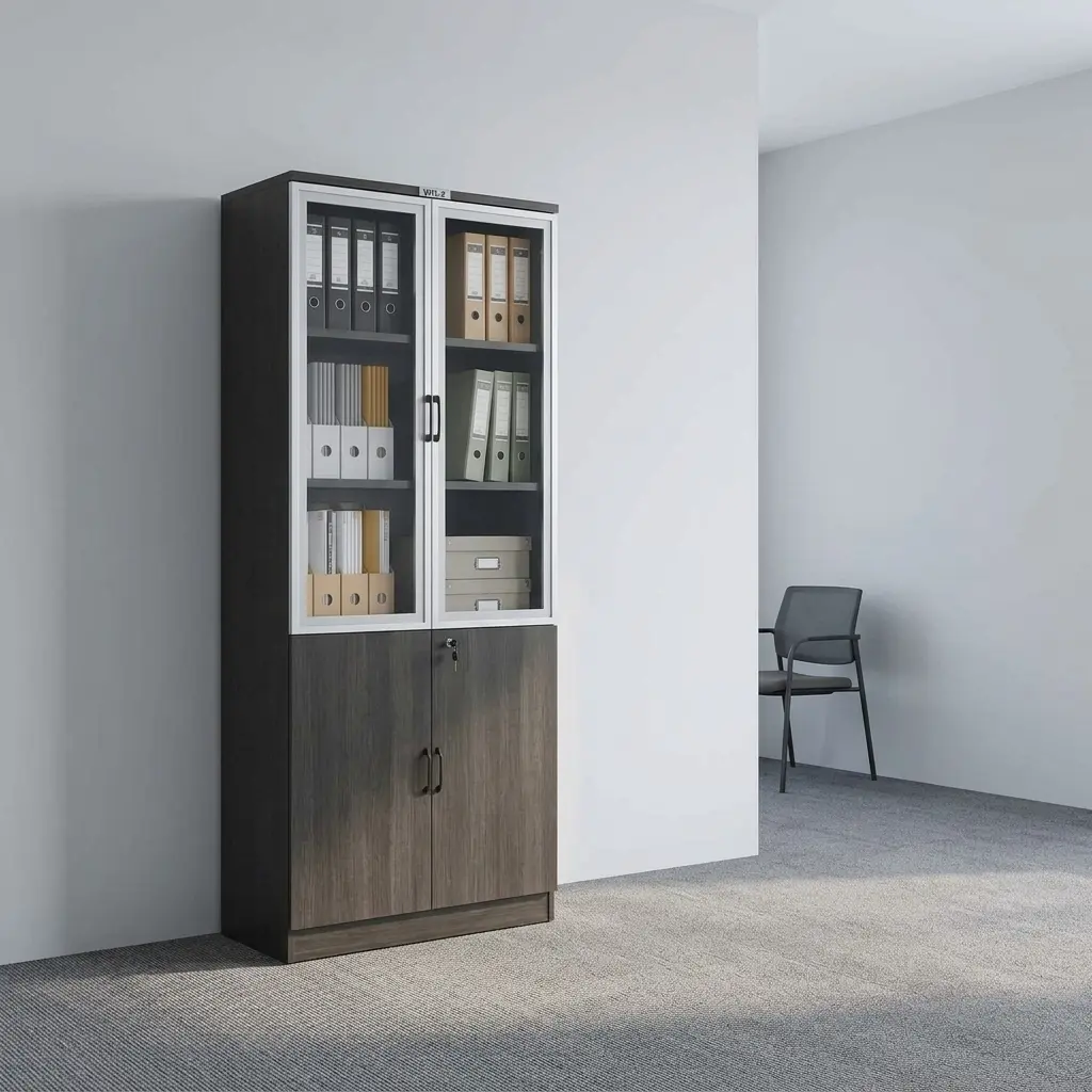Executive wooden filing cabinet featuring a dark espresso wood-grain finish, upper dual glass-framed doors revealing multi-tier display shelving, a lower solid two-door storage cabinet with a central lock mechanism, and vertical black handles.