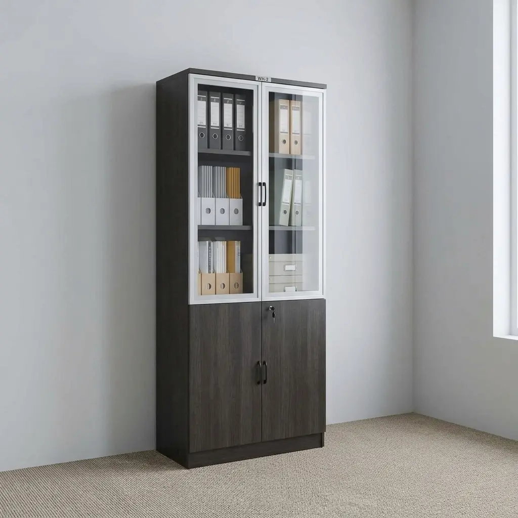 Executive wooden filing cabinet featuring a dark espresso wood-grain finish, upper dual glass-framed doors revealing multi-tier display shelving, a lower solid two-door storage cabinet with a central lock mechanism, and vertical black handles.