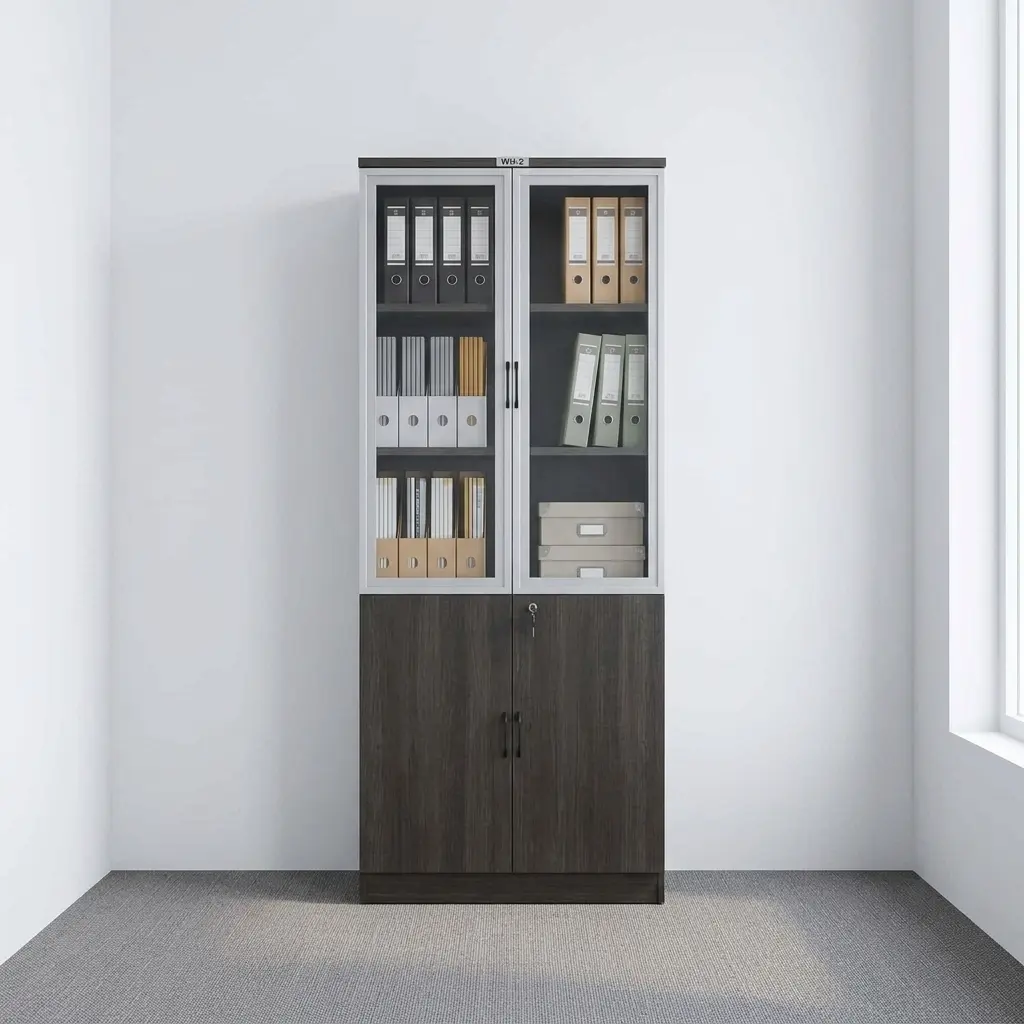 Executive wooden filing cabinet featuring a dark espresso wood-grain finish, upper dual glass-framed doors revealing multi-tier display shelving, a lower solid two-door storage cabinet with a central lock mechanism, and vertical black handles.
