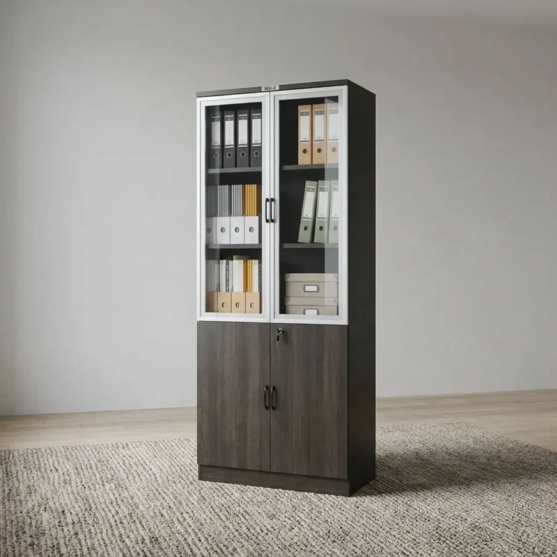 Executive wooden filing cabinet featuring a dark espresso wood-grain finish, upper dual glass-framed doors revealing multi-tier display shelving, a lower solid two-door storage cabinet with a central lock mechanism, and vertical black handles.
