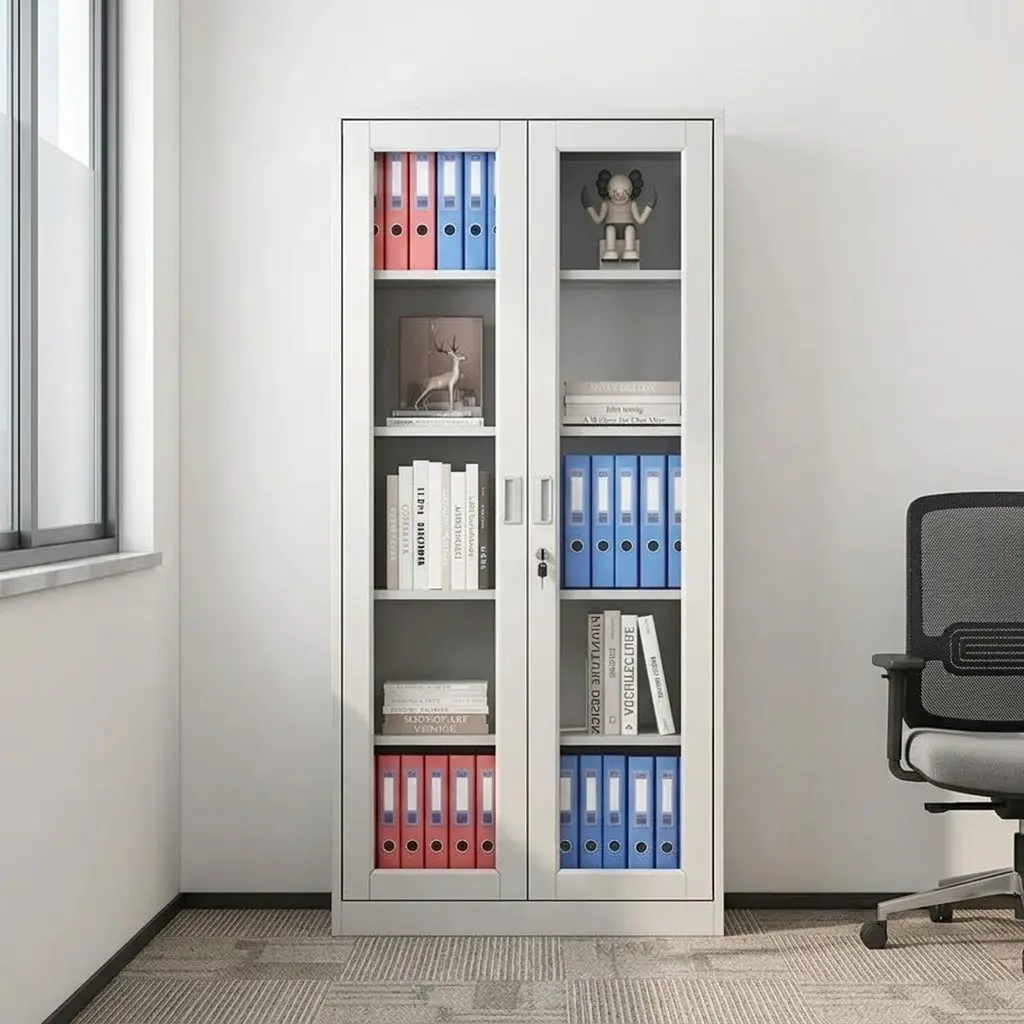 2-door full glass filing cabinet featuring a light grey metal frame, dual full-height glass-paneled doors revealing five-tier interior shelving, a central key lock mechanism, and recessed vertical door handles.