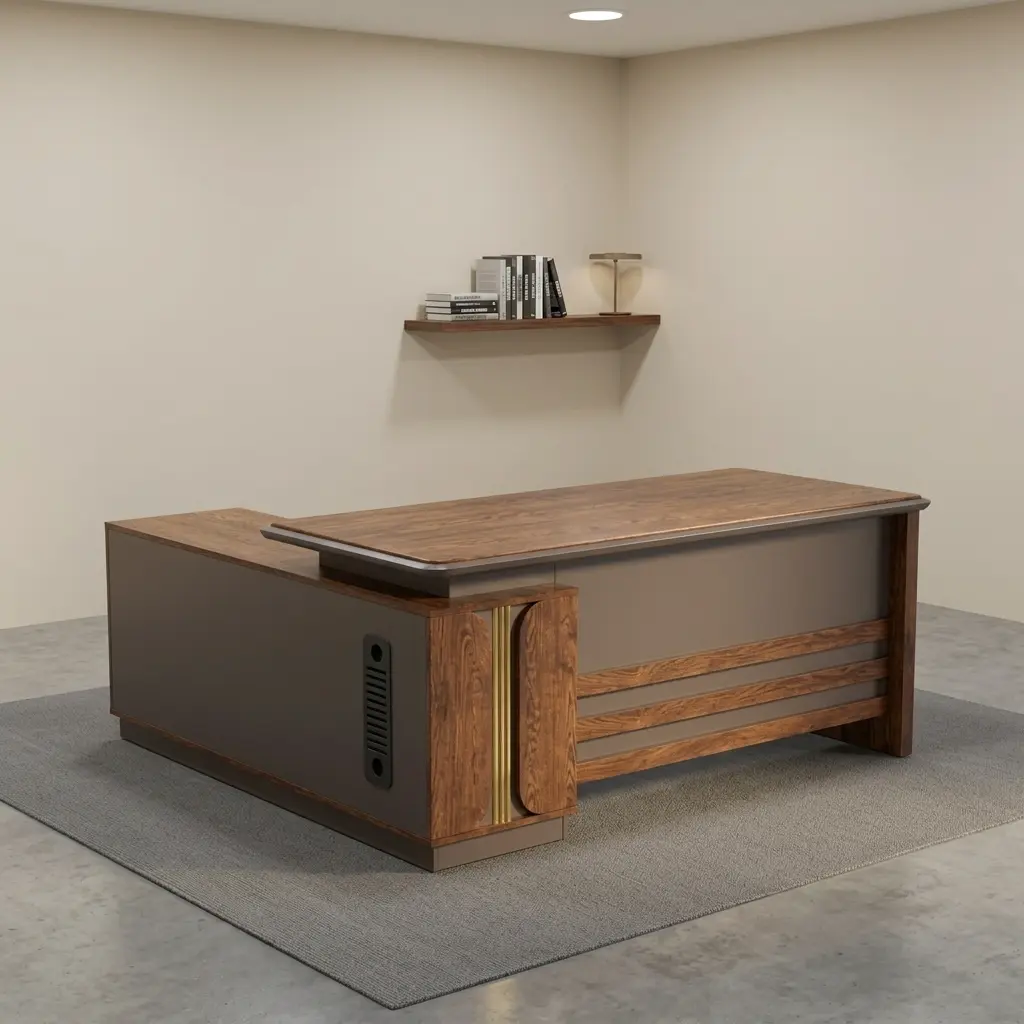 180cm L-shaped executive desk featuring a walnut wood grain and matte charcoal grey finish, a floating desktop design, a full modesty panel with horizontal wood accent strips, vertical gold metallic trim details, and an integrated side return storage unit with side ventilation grilles.
