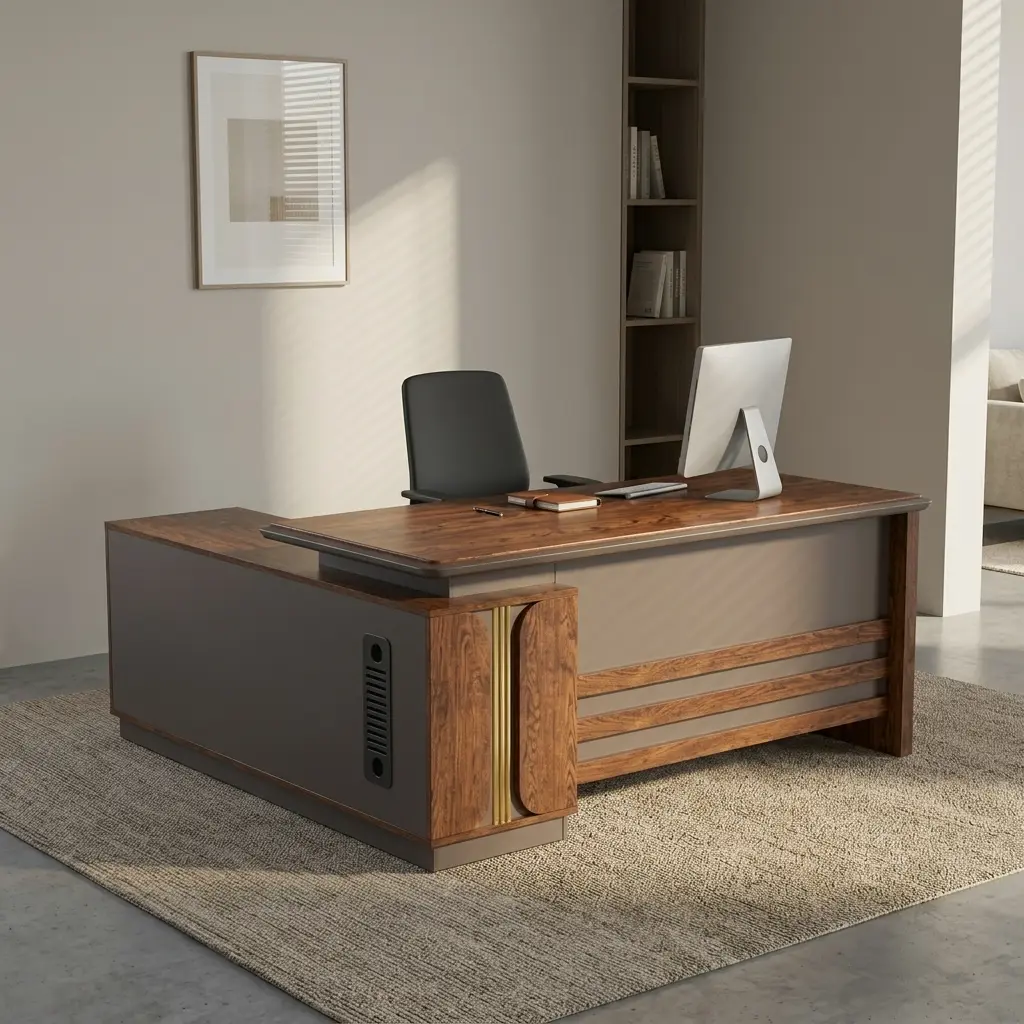 180cm L-shaped executive desk featuring a walnut wood grain and matte charcoal grey finish, a floating desktop design, a full modesty panel with horizontal wood accent strips, vertical gold metallic trim details, and an integrated side return storage unit with side ventilation grilles.
