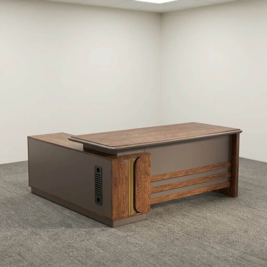 180cm L-shaped executive desk featuring a walnut wood grain and matte charcoal grey finish, a floating desktop design, a full modesty panel with horizontal wood accent strips, vertical gold metallic trim details, and an integrated side return storage unit with side ventilation grilles.