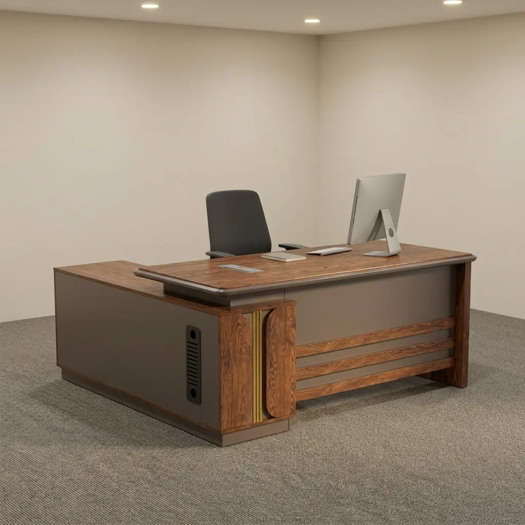 180cm L-shaped executive desk featuring a walnut wood grain and matte charcoal grey finish, a floating desktop design, a full modesty panel with horizontal wood accent strips, vertical gold metallic trim details, and an integrated side return storage unit with side ventilation grilles.