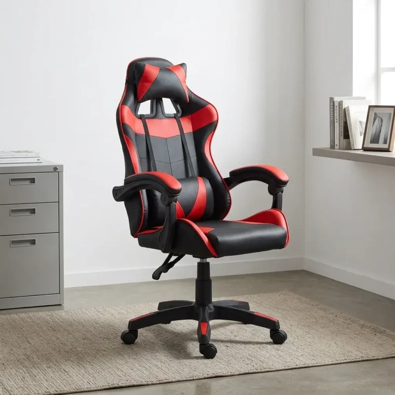 Red recliner gaming chair featuring a two-tone black and red racing-style leatherette design, a high-back bucket seat with chevron stitching, removable headrest and lumbar support pillows with red accents, padded link armrests, recline control lever, pneumatic height adjustment mechanism, and a sturdy black five-star swivel base with red trim details on dual-wheel casters.