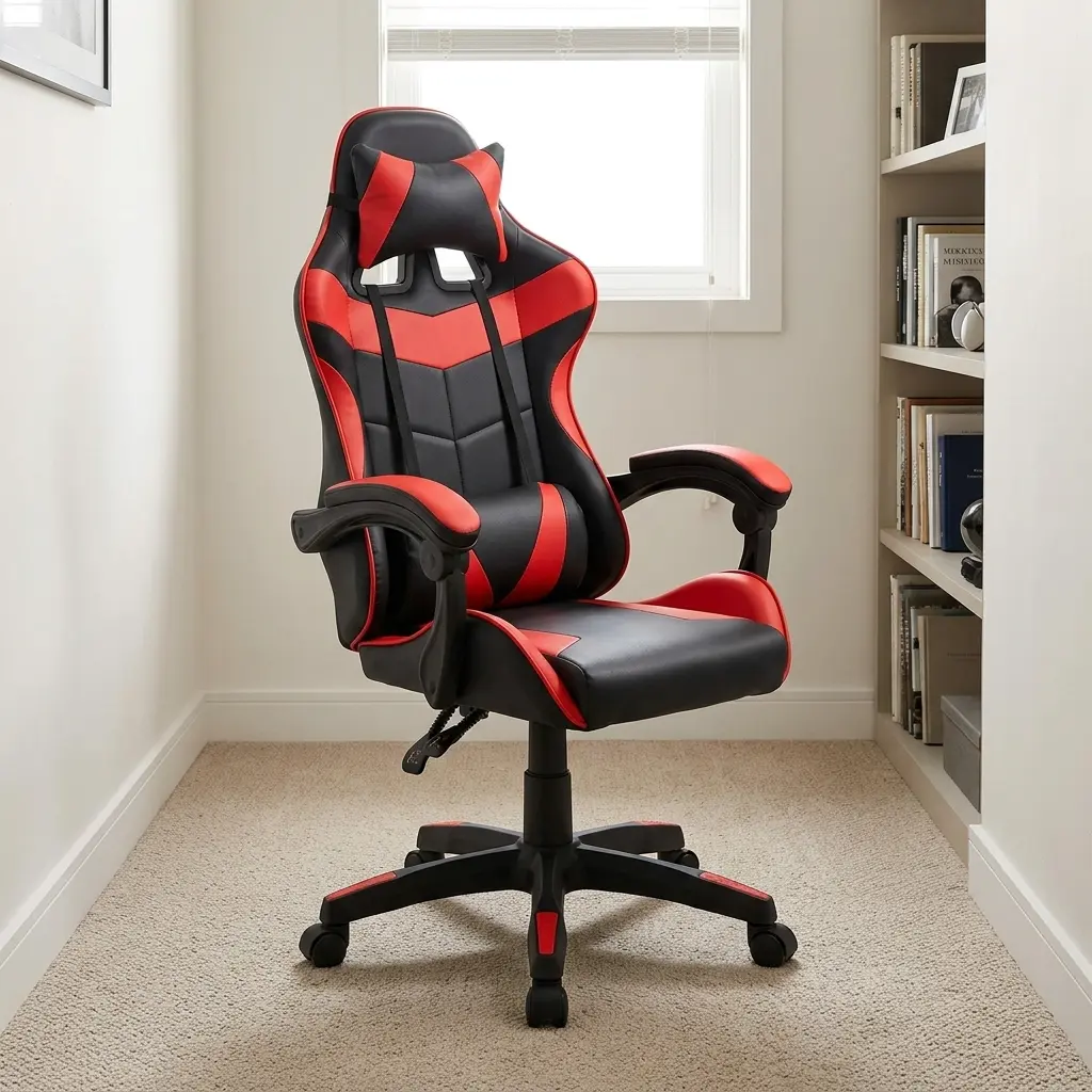 Red recliner gaming chair featuring a two-tone black and red racing-style leatherette design, a high-back bucket seat with chevron stitching, removable headrest and lumbar support pillows with red accents, padded link armrests, recline control lever, pneumatic height adjustment mechanism, and a sturdy black five-star swivel base with red trim details on dual-wheel casters.