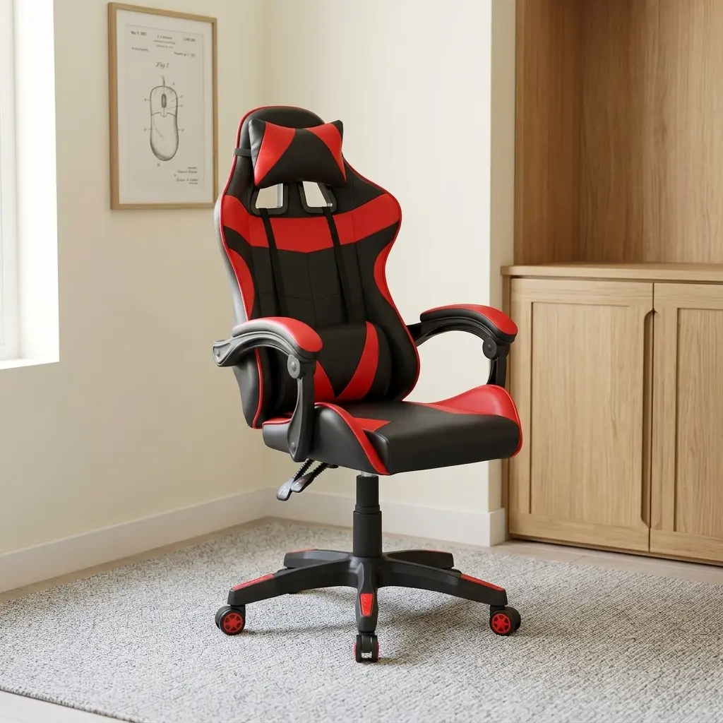 Red recliner gaming chair featuring a two-tone black and red racing-style leatherette design, a high-back bucket seat with chevron stitching, removable headrest and lumbar support pillows with red accents, padded link armrests, recline control lever, pneumatic height adjustment mechanism, and a sturdy black five-star swivel base with red trim details on dual-wheel casters.