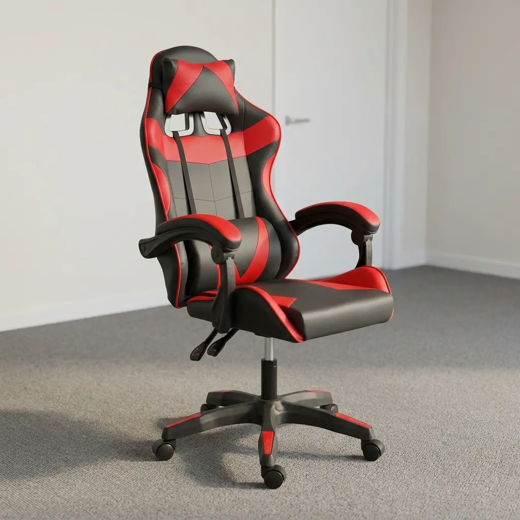 Red recliner gaming chair featuring a two-tone black and red racing-style leatherette design, a high-back bucket seat with chevron stitching, removable headrest and lumbar support pillows with red accents, padded link armrests, recline control lever, pneumatic height adjustment mechanism, and a sturdy black five-star swivel base with red trim details on dual-wheel casters.