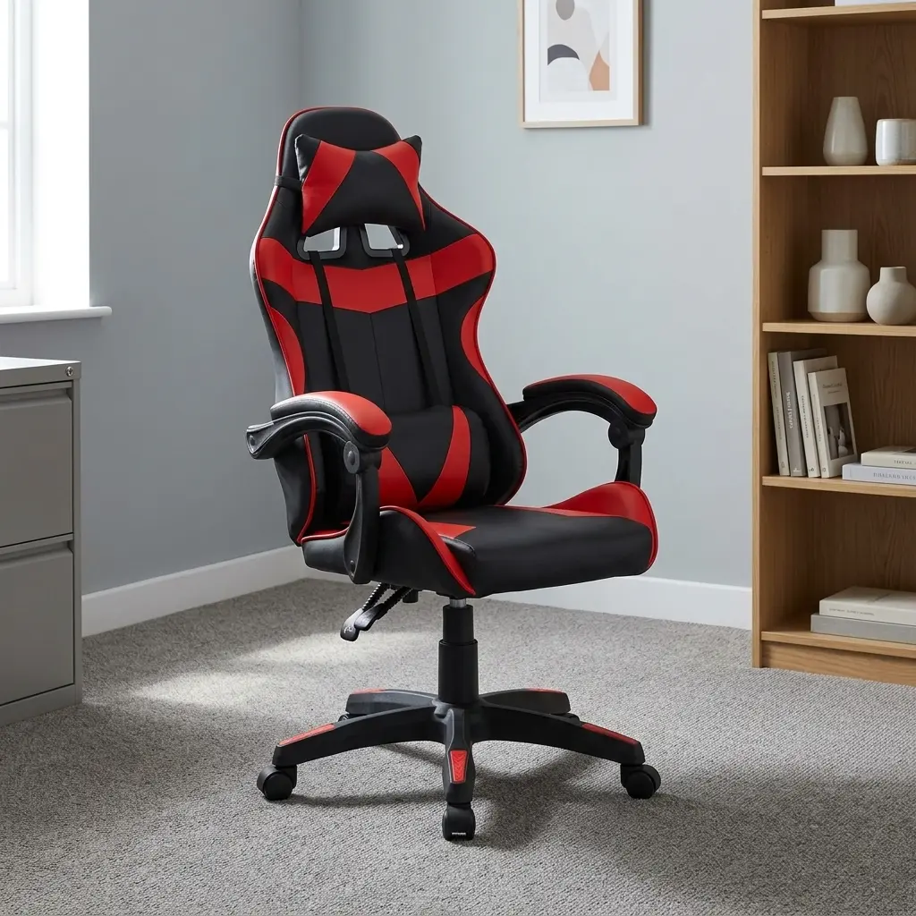 Red recliner gaming chair featuring a two-tone black and red racing-style leatherette design, a high-back bucket seat with chevron stitching, removable headrest and lumbar support pillows with red accents, padded link armrests, recline control lever, pneumatic height adjustment mechanism, and a sturdy black five-star swivel base with red trim details on dual-wheel casters.
