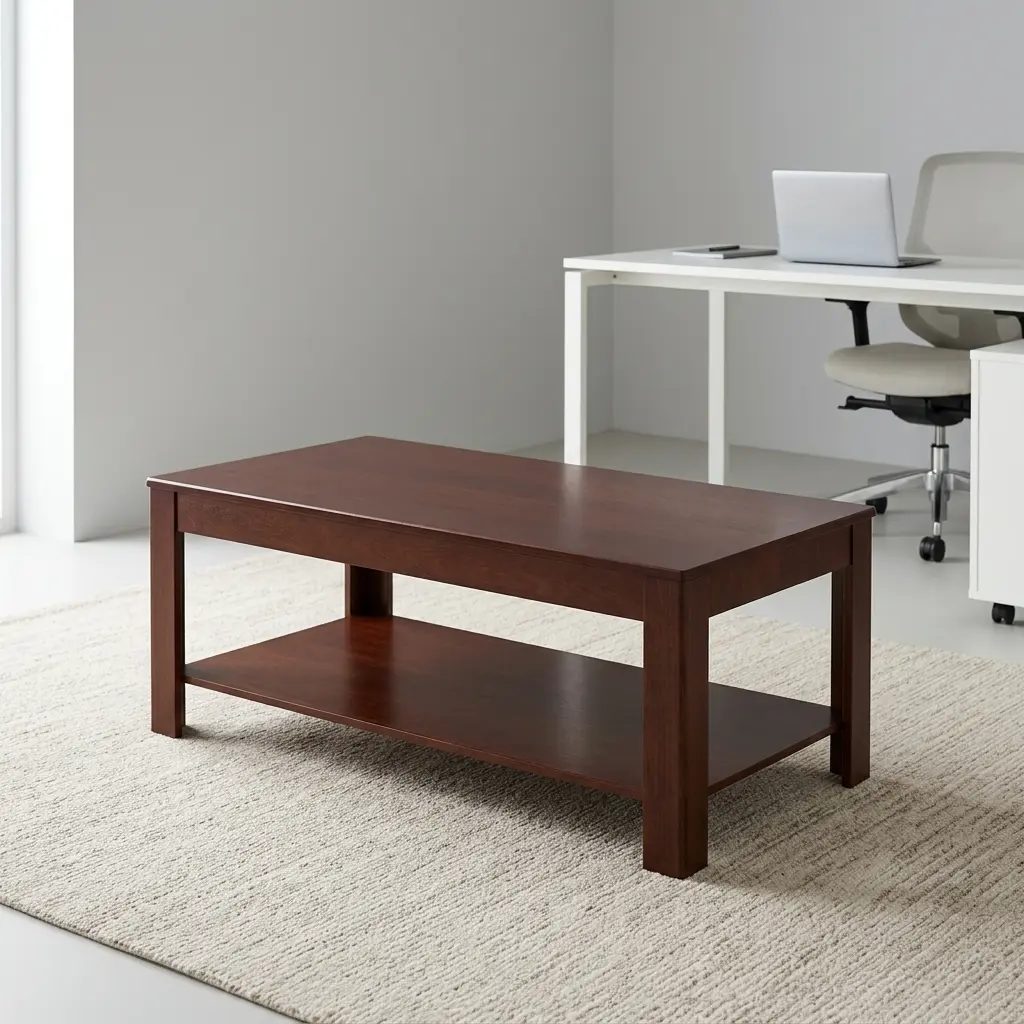 1.2m office coffee table featuring a rich dark walnut wood finish, a broad smooth tabletop, a lower open storage shelf, and sturdy square corner legs.