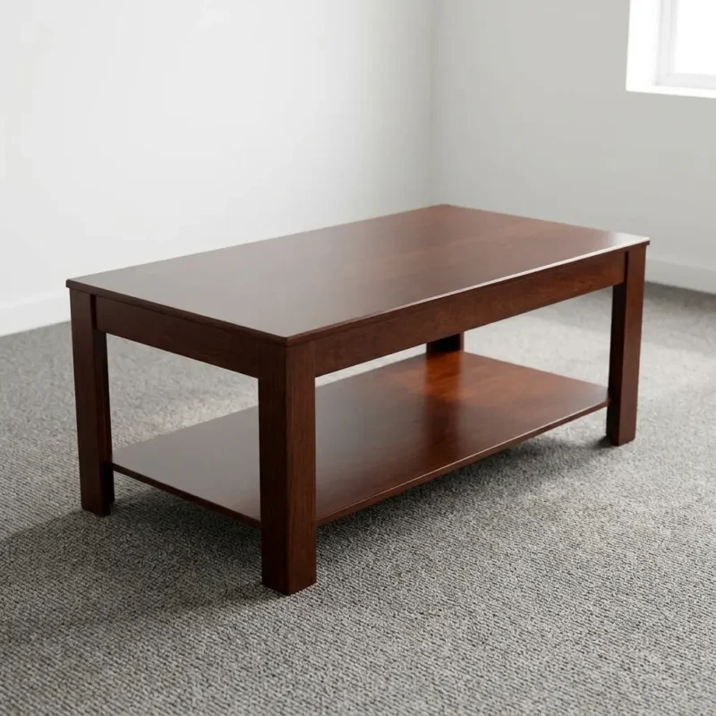 1.2m office coffee table featuring a rich dark walnut wood finish, a broad smooth tabletop, a lower open storage shelf, and sturdy square corner legs.