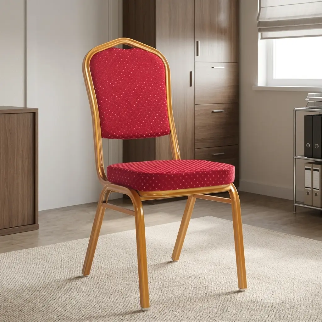 Fabric Red Conference Chair featuring a crown-back gold-finished metal frame, padded seat and backrest upholstered in red patterned fabric with gold dot detailing, and four fixed legs with protective floor glides.