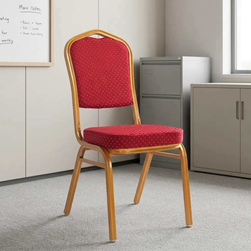 Fabric Red Conference Chair featuring a crown-back gold-finished metal frame, padded seat and backrest upholstered in red patterned fabric with gold dot detailing, and four fixed legs with protective floor glides.
