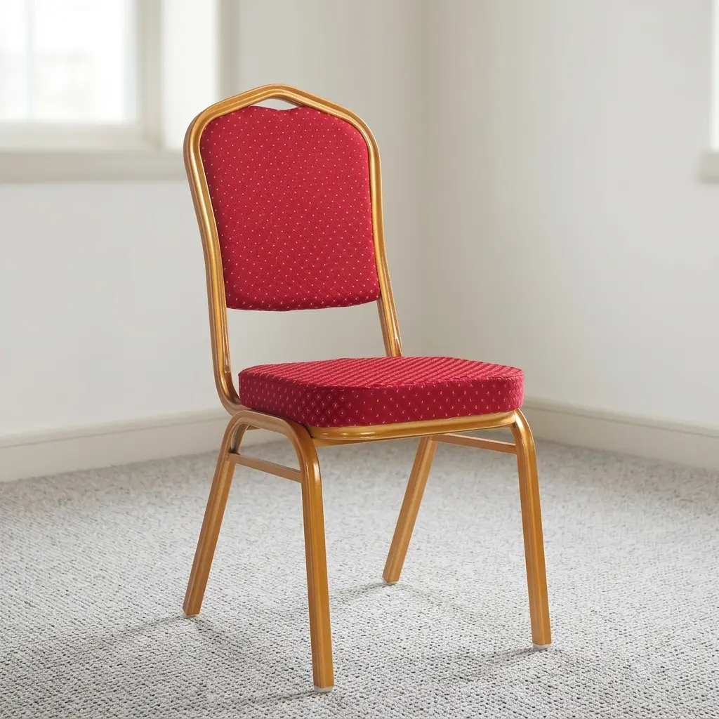Fabric Red Conference Chair featuring a crown-back gold-finished metal frame, padded seat and backrest upholstered in red patterned fabric with gold dot detailing, and four fixed legs with protective floor glides.