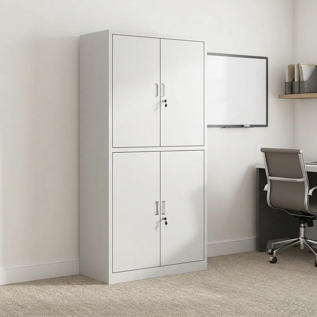 4-door office file cabinet featuring a clean white powder-coated steel frame, dual-tier double swing doors with individual key locks, slim silver vertical handles, and spacious interior shelving for secure file storage.