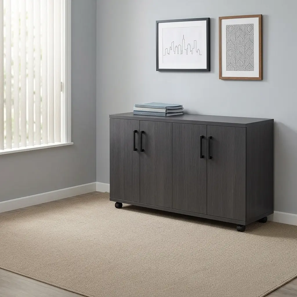 4-door wooden office cupboard featuring a dark charcoal grey wood grain finish, four hinged swing doors with sleek black vertical handles, a low-profile credenza silhouette, internal divided shelving units, and a mobile base equipped with heavy-duty caster wheels.